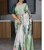 L-green printed satin pearl lace saree with unstitched blose