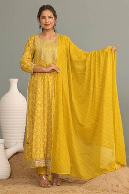 Mustard women embroidered printed anarkali kurta pant with dupatta set 1