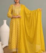 Mustard women embroidered printed anarkali kurta pant with dupatta set