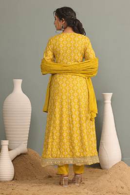 Mustard women embroidered printed anarkali kurta pant with dupatta set 2
