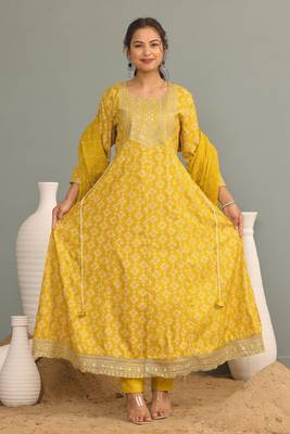 Mustard women embroidered printed anarkali kurta pant with dupatta set 3