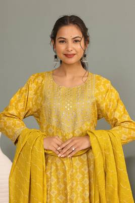 Mustard women embroidered printed anarkali kurta pant with dupatta set 4