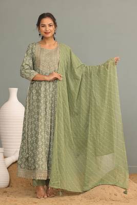 Light green women embroidered printed anarkali kurta pant with dupatta set 1