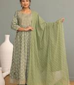 Light green women embroidered printed anarkali kurta pant with dupatta set