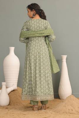 Light green women embroidered printed anarkali kurta pant with dupatta set 2