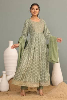 Light green women embroidered printed anarkali kurta pant with dupatta set 3