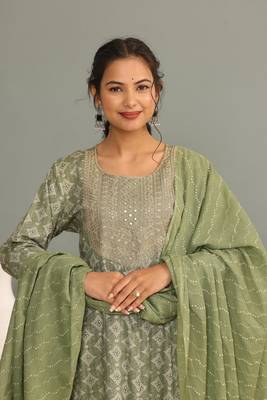 Light green women embroidered printed anarkali kurta pant with dupatta set 5