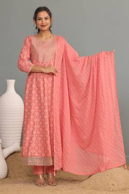 Peach women embroidered printed anarkali kurta pant with dupatta set 1