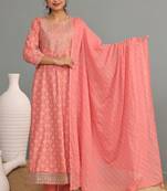 Peach women embroidered printed anarkali kurta pant with dupatta set