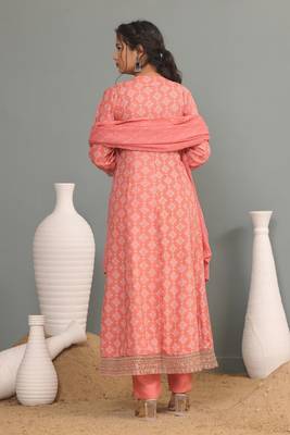 Peach women embroidered printed anarkali kurta pant with dupatta set 2