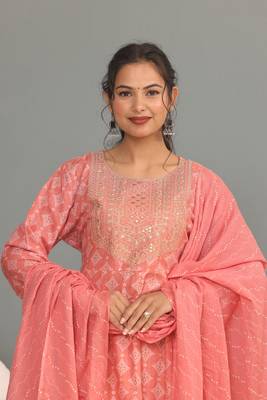Peach women embroidered printed anarkali kurta pant with dupatta set 3