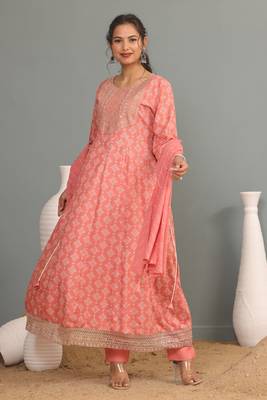Peach women embroidered printed anarkali kurta pant with dupatta set 4
