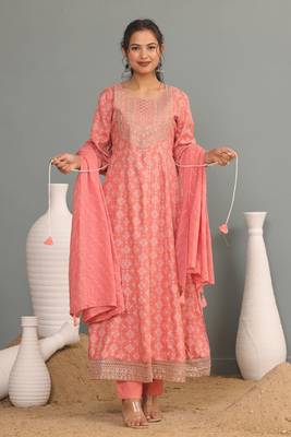 Peach women embroidered printed anarkali kurta pant with dupatta set 5