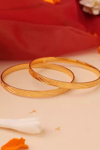 Set of 2 Flat Gold Bangles with Engraving
