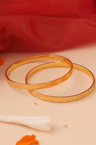 Set of 2 Flat Gold Bangles with Engraving