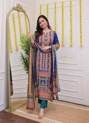 Multicolor cotton embroidered kurta with pant & dupatta 2