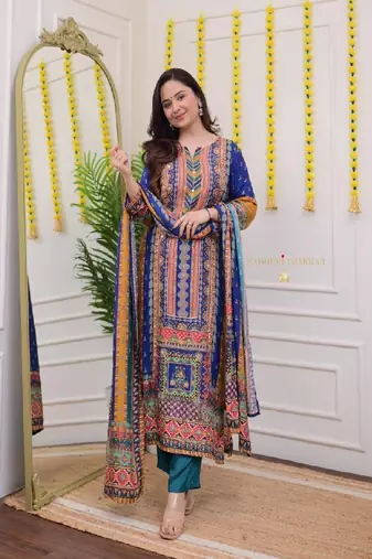 Multicolor cotton embroidered kurta with pant & dupatta