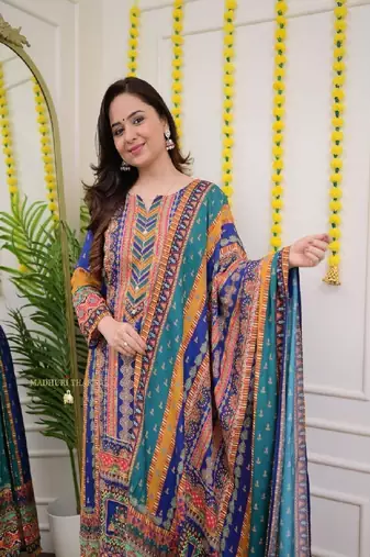 Multicolor cotton embroidered kurta with pant & dupatta