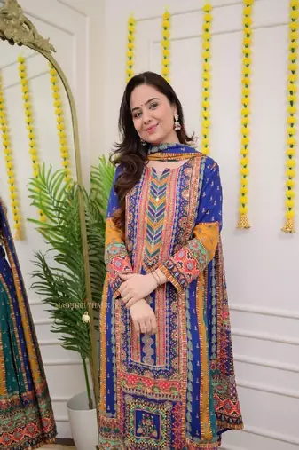Multicolor cotton embroidered kurta with pant & dupatta