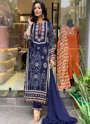 Blue silk hand embroidery kurta with pant & duppata 3