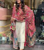 Cream cotton embroidered kurta with pant & dupatta