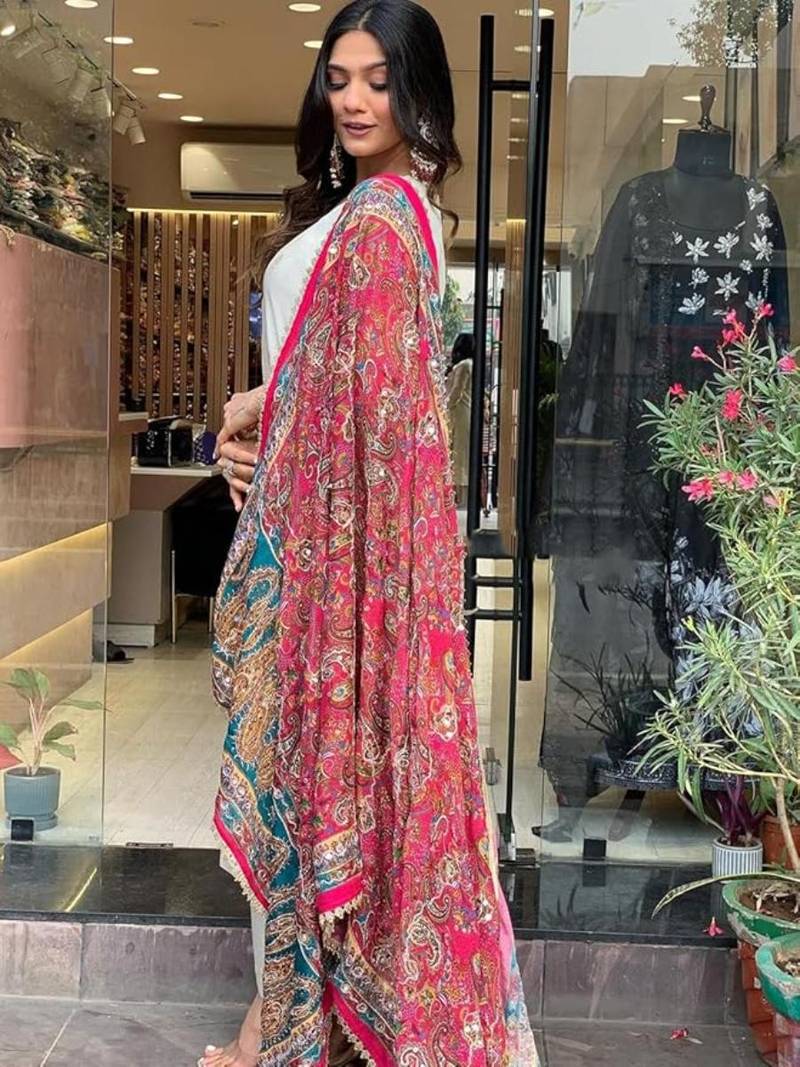 Cream cotton embroidered kurta with pant & dupatta