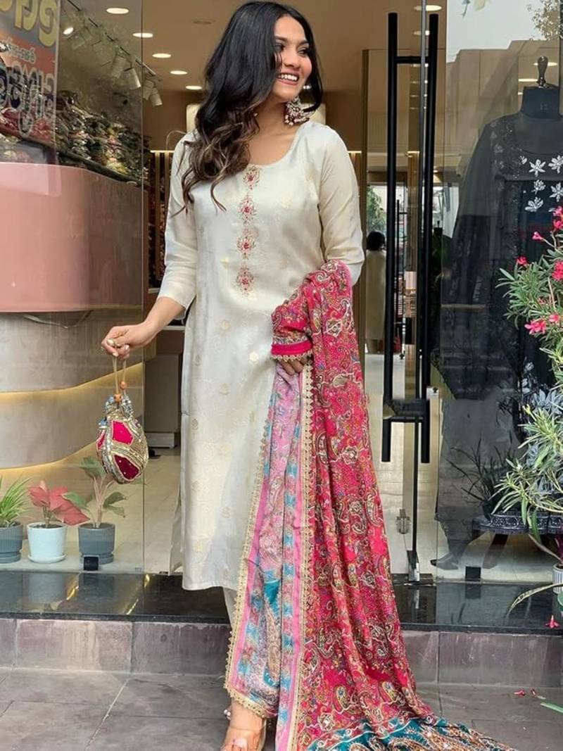 Cream cotton embroidered kurta with pant & dupatta