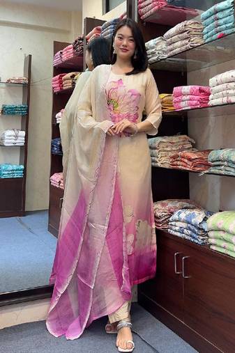 Pink Organza Zari Woven Kurta Pant Dupatta Set