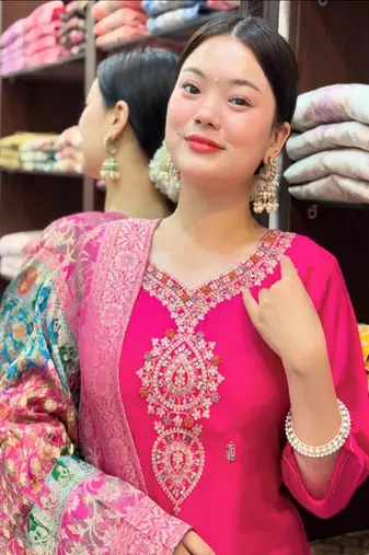 Pink silk embroidered kurta wih pant & duppata