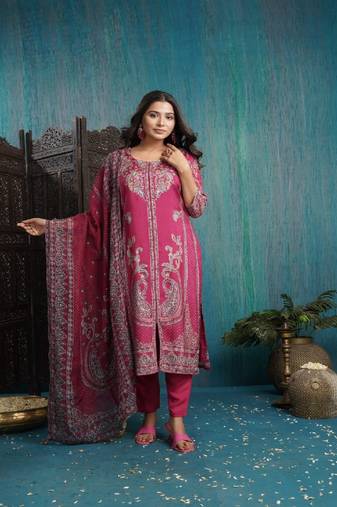 Dark pink cotton hand embroidery kurta wih pant & duppata