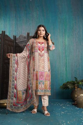 Multicolor Muslin printed kurta wih pant & duppata