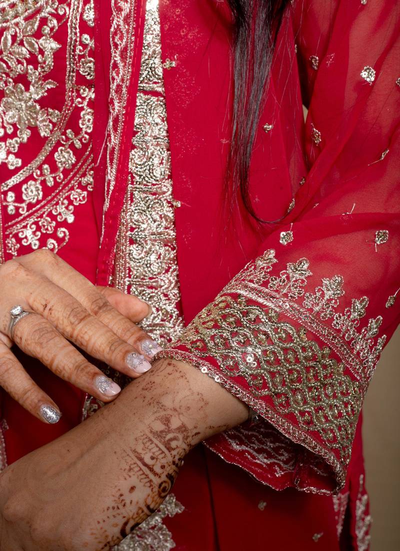 Maroon faux georgette embroidered kurta with pant & dupatta