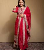 Maroon faux georgette embroidered kurta with pant & dupatta