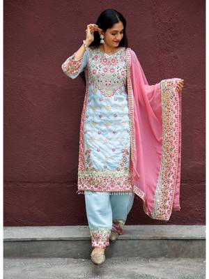Blue faux georgette embroidered kurta with pant & duppata 1