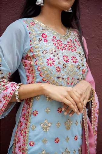 Blue faux georgette embroidered kurta with pant & duppata