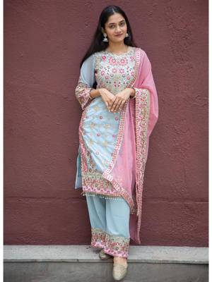 Blue faux georgette embroidered kurta with pant & duppata 3