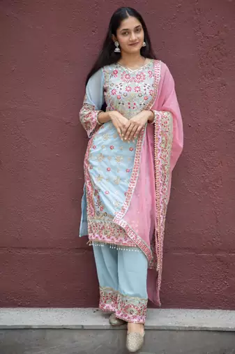 Blue faux georgette embroidered kurta with pant & duppata