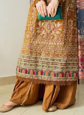 Mocha Magic Light Brown Faux Georgette Embroidered Kurta Pant Dupatta Set 2