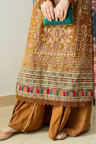 Mocha Magic Light Brown Faux Georgette Embroidered Kurta Pant Dupatta Set