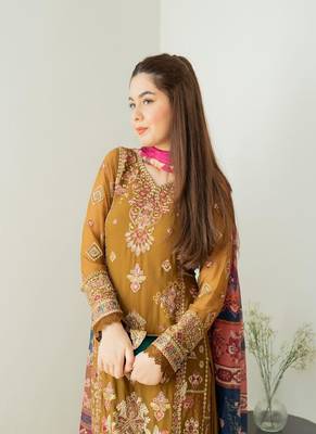 Mocha Magic Light Brown Faux Georgette Embroidered Kurta Pant Dupatta Set 3