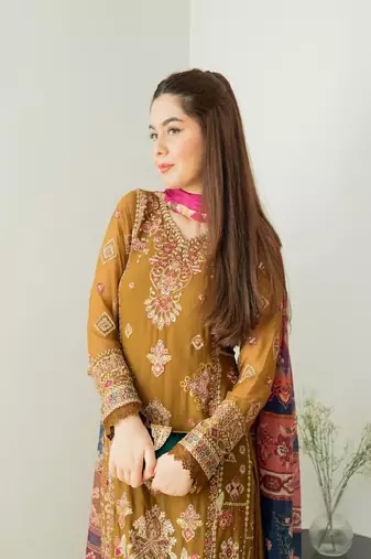 Mocha Magic Light Brown Faux Georgette Embroidered Kurta Pant Dupatta Set