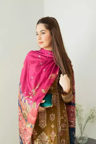 Mocha Magic Light Brown Faux Georgette Embroidered Kurta Pant Dupatta Set