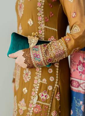 Mocha Magic Light Brown Faux Georgette Embroidered Kurta Pant Dupatta Set 5