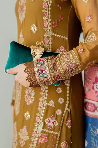 Mocha Magic Light Brown Faux Georgette Embroidered Kurta Pant Dupatta Set
