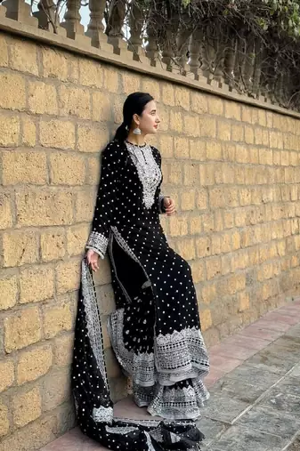 Black faux georgette embroidered kurta with pant & dupatta