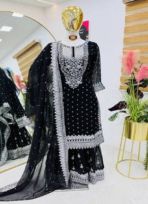 Black faux georgette embroidered kurta with pant & dupatta 4