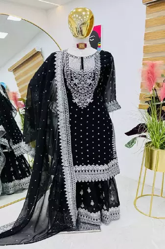 Black faux georgette embroidered kurta with pant & dupatta