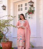 Peach art silk embroidered kurta with pant & dupatta