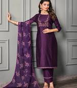 Purple cotton silk printed kurta with pant & dupatta