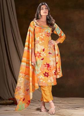 Yellow cotton printed kurta with pant & dupatta 1